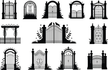 Obraz premium Decorative garden gate silhouettes set, vintage wrought iron fence entrances, black gothic arch doors collection, elegant outdoor gate vector illustration