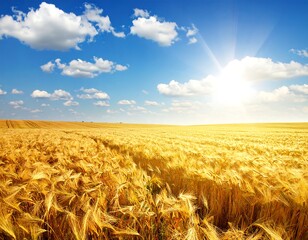 Golden wheat field under a bright sun and cloudy blue sky