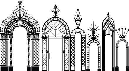 Ornate decorative arch gate collection, vintage architectural doorway silhouettes, classic ironwork arches, elegant entrance frames, black vector illustration set