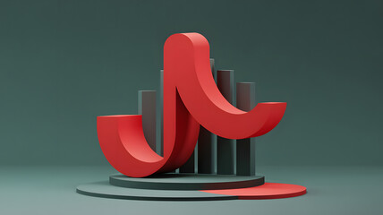 Abstract 3d red curve shape on dark podium with gray background