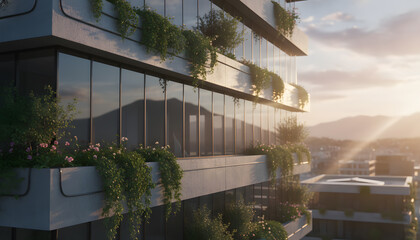 Fototapeta premium Modern Green Building with Vertical Gardens at Sunset