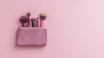 pouch. Makeup brushes neatly arranged in pouch on pastel pink flat background. tutorial guides, club newsletters, designed for tourism and weekend activity guides.
