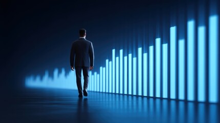 Fototapeta premium Businessman Walking Towards 3D Digital Chart Representing Growth and Success with Blue Gradients on Dark Background in Modern Office Environment