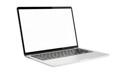 Silver laptop computer with blank white screen on black background technology device, Isolated On Png Transparent Background