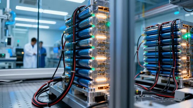 Closeup of innovative fuel cell stacks undergoing testing in a hightech lab environment showcasing research and development for backup power.