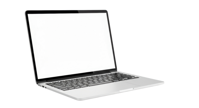 Silver laptop computer with blank white screen on black background technology device, Isolated On Png Transparent Background - Powered by Adobe