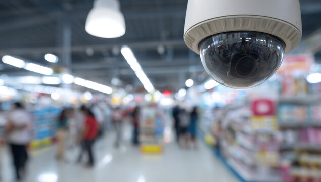 A black dome security camera with beige casing installed in a retail store ceiling, with blurred shoppers and shelves in the background