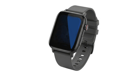 Fototapeta premium Gray smartwatch displaying time date heart rate and weather on black background technology digital, Isolated On Png Transparent Background