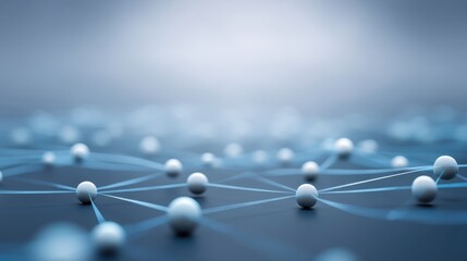 Abstract network of interconnected white spheres and lines representing digital connections, communication pathways, and technology in a futuristic environment