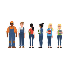 Diverse group of people in casual and work attire standing together.