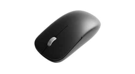 Black wireless computer mouse with silver scroll wheel on black background technology, Isolated On Png Transparent Background