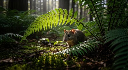 A small marsupial peeks out from lush green ferns in a sun-dappled forest.