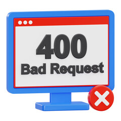 3D illustration of 400 Bad Request error message on computer screen icon for web design
