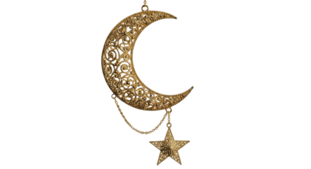 Ornate gold crescent moon with dangling star against black background image, Isolated On Png Transparent Background