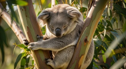 Adorable Koala Bear Resting Comfortably in Eucalyptus Tree Branches.