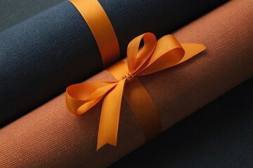 Rolled certificate or diploma tied with an orange ribbon and bow, closeup view