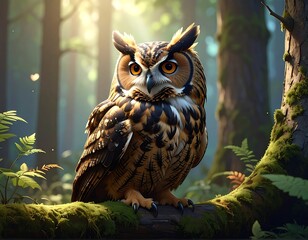 Obraz premium A stunning owl perched on a branch, illuminated by dappled sunlight