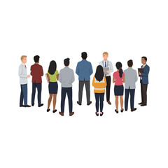 Diverse group of people standing and listening to a speaker.