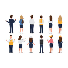 Diverse group of people standing facing different directions showcasing various professions and casual wear.