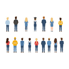 Diverse group of people standing in two rows facing away from the camera.