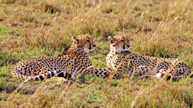 Two cheetahs resting together in grassy field sunlight outdoors