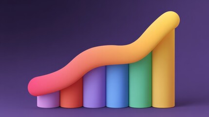 Colorful 3D Graph Representation Showing Positive Trend and Growth with Smooth Curves and Vibrant Colors on a Purple Background