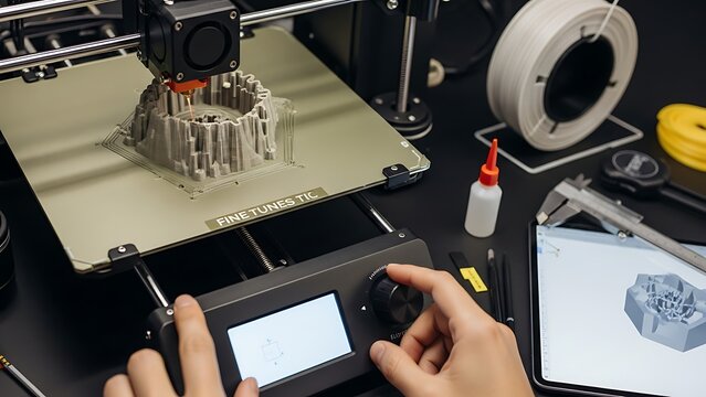 Person using 3d printer makes gray model object. Suitable for technology or manufacturing concepts in presentations, articles, or designs.
