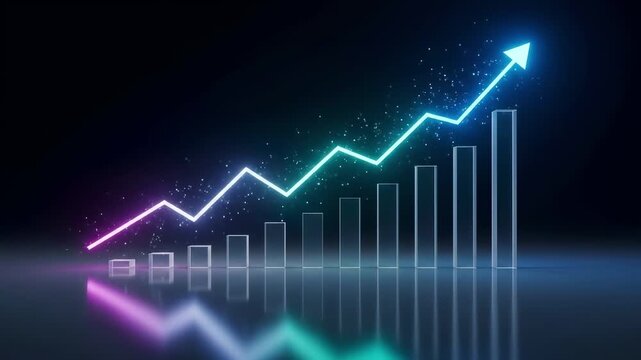 Neon upward-trending arrow rising from a bar chart of translucent blocks on a dark background.