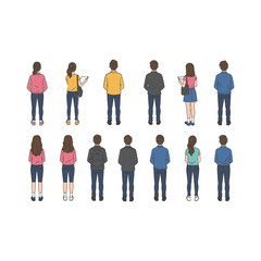 Diverse Group of People Standing with Backs Turned in Various Outfits.