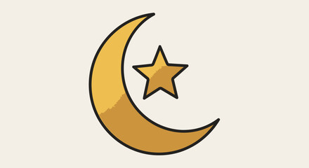Golden Crescent Moon and Star Iconographic Symbol, representing celestial beauty and cosmic wonder