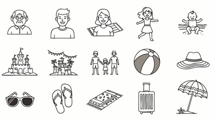 Collection of black and white line art icons representing summer vacation activities and beach essentials for a fun getaway.