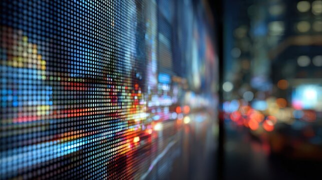 Close medium shot capturing an urban digital art panel with moving cityscapes and light patterns adapting smoothly to mood changes background details softly out of focus.