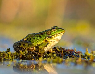 Obraz premium A vibrant, green frog perched on aquatic vegetation