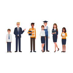 Diverse group of professionals and students standing together in a row.