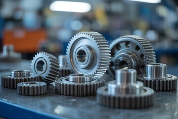 A collection of various metal gears and cogs used in industrial machinery and engines