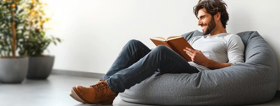 a man seating on a beanbag and reading book near a window in white background 