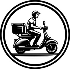 Minimalist black-white pizza courier icon with clean lines, no shading, isolated on white. Simple, modern, scalable, ideal for delivery logos or digital use.