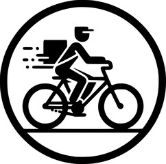 Minimalist black-white pizza courier icon with clean lines, no shading, isolated on white. Simple, modern, scalable, ideal for delivery logos or digital use.