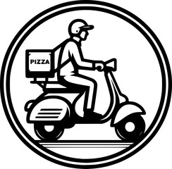 Minimalist black-white pizza courier icon with clean lines, no shading, isolated on white. Simple, modern, scalable, ideal for delivery logos or digital use.