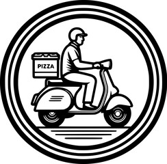 Minimalist black-white pizza courier icon with clean lines, no shading, isolated on white. Simple, modern, scalable, ideal for delivery logos or digital use.