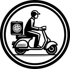 Minimalist black-white pizza courier icon with clean lines, no shading, isolated on white. Simple, modern, scalable, ideal for delivery logos or digital use.