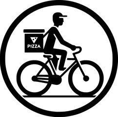 Minimalist black-white pizza courier icon with clean lines, no shading, isolated on white. Simple, modern, scalable, ideal for delivery logos or digital use.
