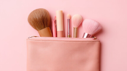 pouch. Makeup brushes neatly arranged in pouch on pastel pink flat background. tutorial guides, club newsletters, designed for tourism and weekend activity guides.

