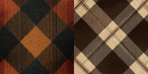 Fototapeta premium Two seamless tartan fabric patterns featuring traditional plaid designs with intersecting lines and checks in warm brown, black, beige, and red colors, showcasing textured textile