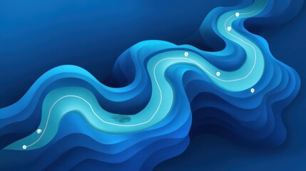 Abstract winding river illustration with layers of blue waves and flowing water creating a serene and artistic visual representation of nature's beauty