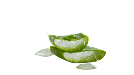 Two fresh aloe vera leaf slices showing translucent gel interior on a clean for beauty