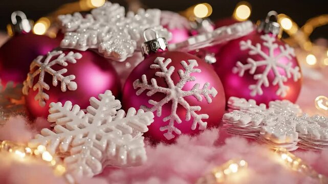 Pink ornaments and decorative snowflakes with festive string lights