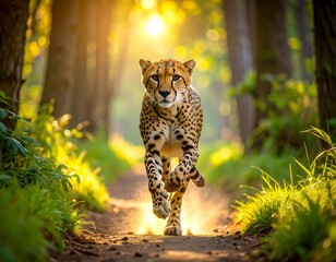 A cheetah sprints directly toward the viewer on a forest path