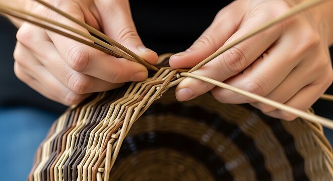 Hands Weaving A Basket With Natural Cane in a Close-up Shot Indoor