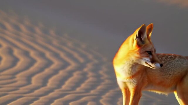 Desert fox profile view against textured sand dunes in warm sunlight